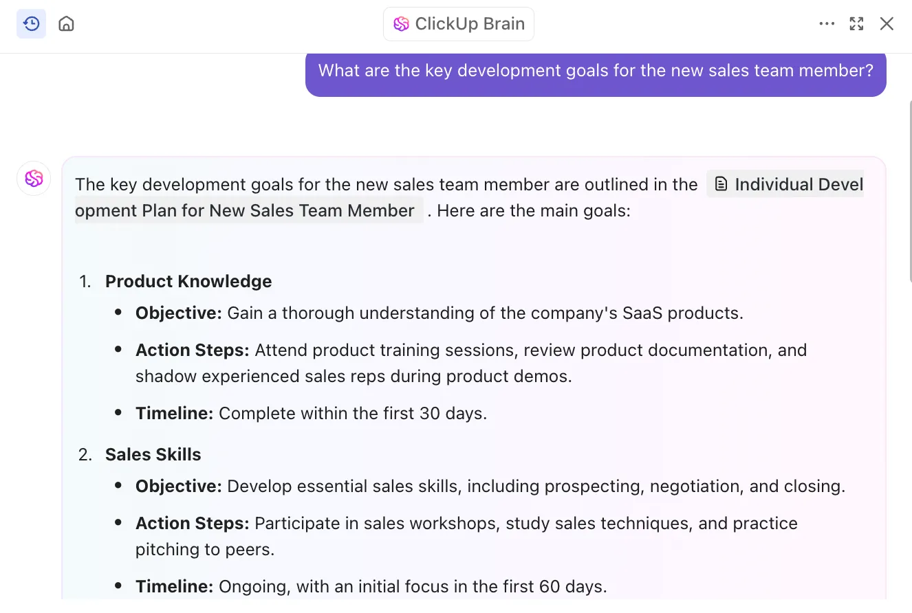 Plantilla de plan de desarrollo individual: ClickUp Brain