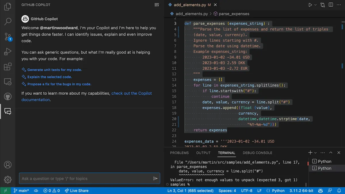 Công cụ DevOps: Ảnh chụp màn hình tính năng Copilot của GitHub