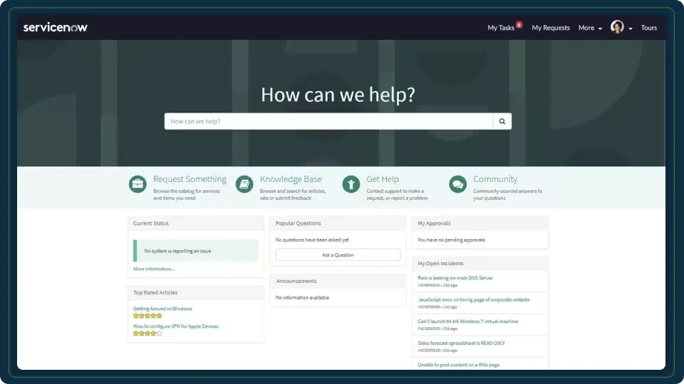 Portail en libre-service ServiceNow