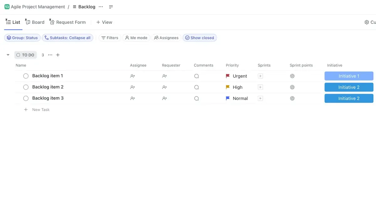 Crea un espacio dedicado a gestionar tu backlog de productos con la plantilla de gestión de proyectos ágil de ClickUp.