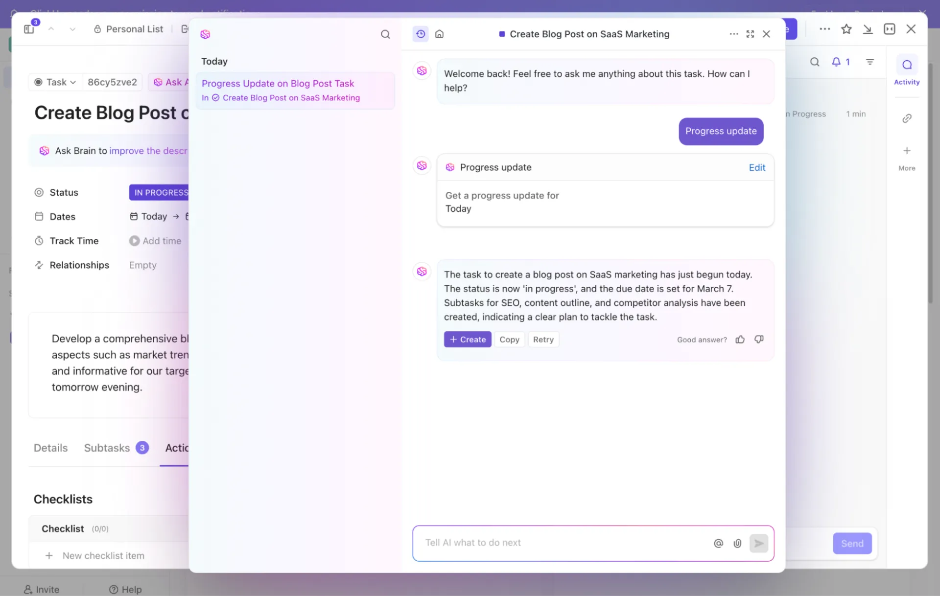 Vraag ClickUp Brain team updates, mijlpalen van projecten en dagelijkse updates onderweg