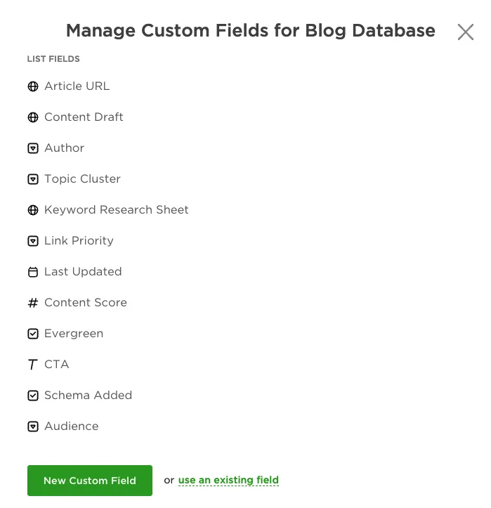 Ferramentas de otimização de sites: recurso Gerenciar campos personalizados para banco de dados de blogs do ClickUp