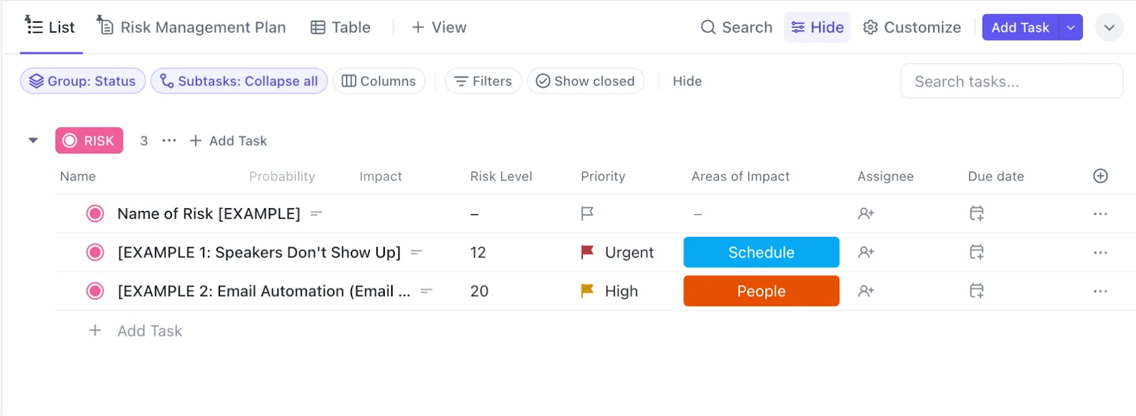 Crie uma visualização ordenada em forma de lista dos riscos potenciais com todos os detalhes relevantes usando o modelo de gerenciamento de riscos do ClickUp.