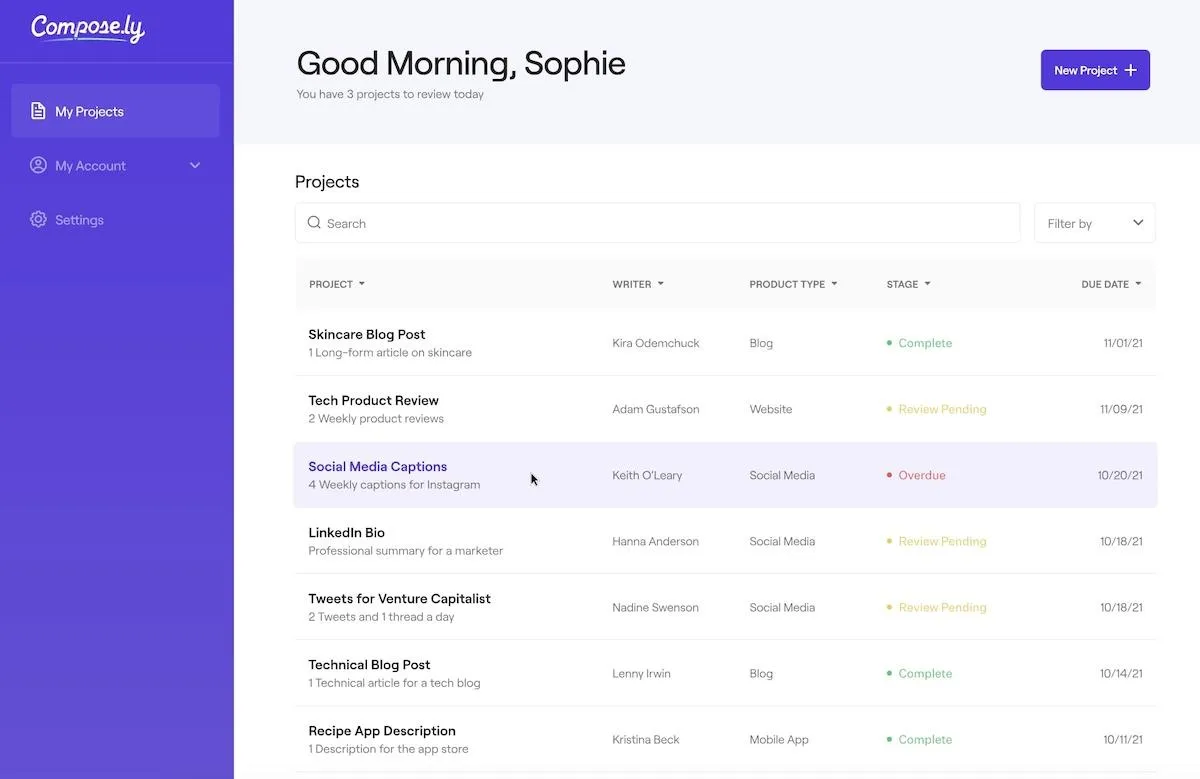 Serviços de redação de conteúdo: lista de projetos no Compose.ly