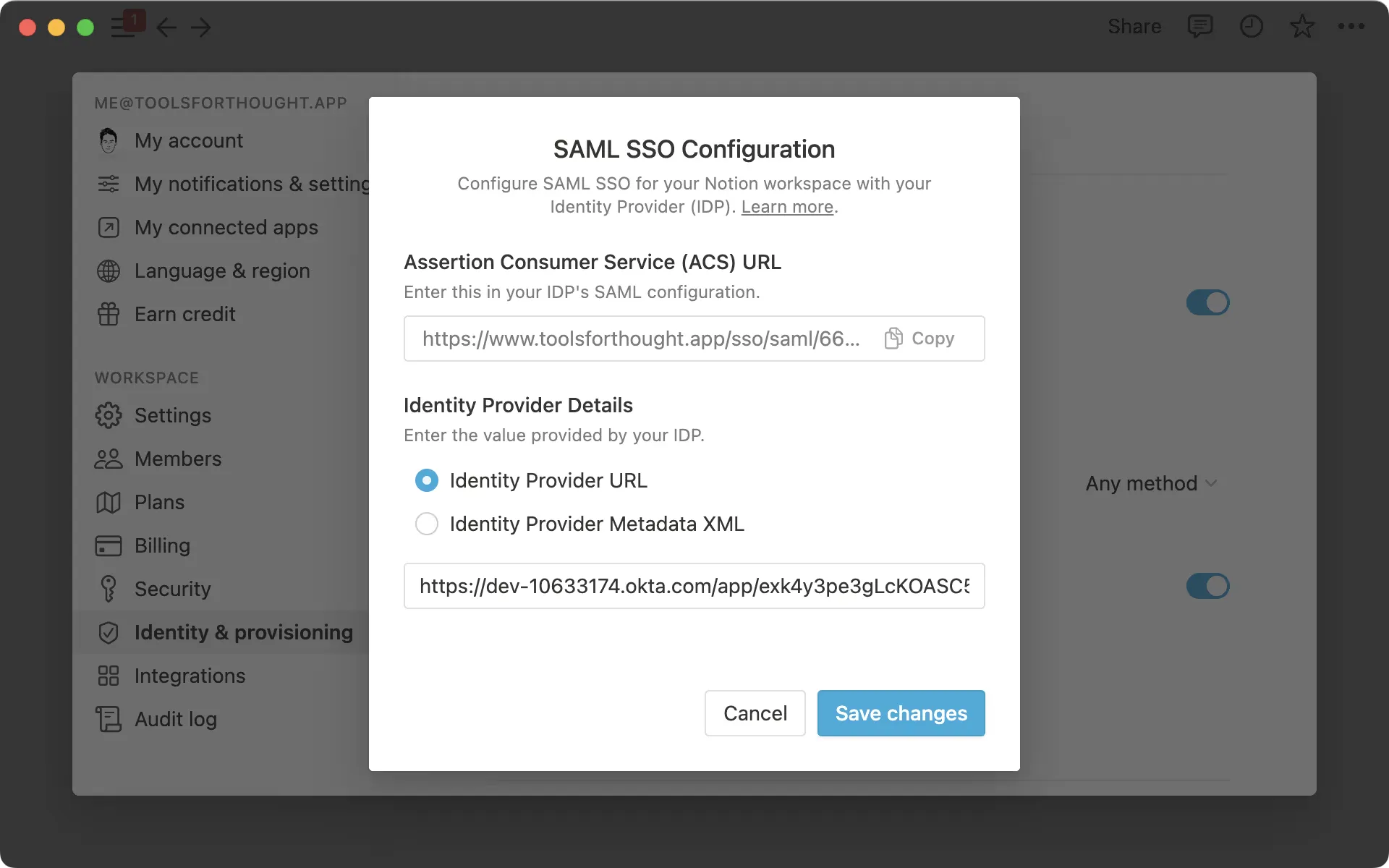 Configurazione SSO SAML: accesso a Notion
