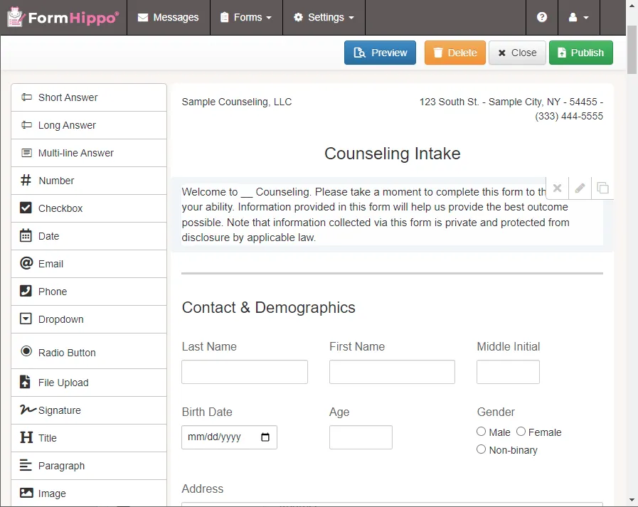 FormHippo bảng điều khiển: Công cụ tạo biểu mẫu tuân thủ HIPAA