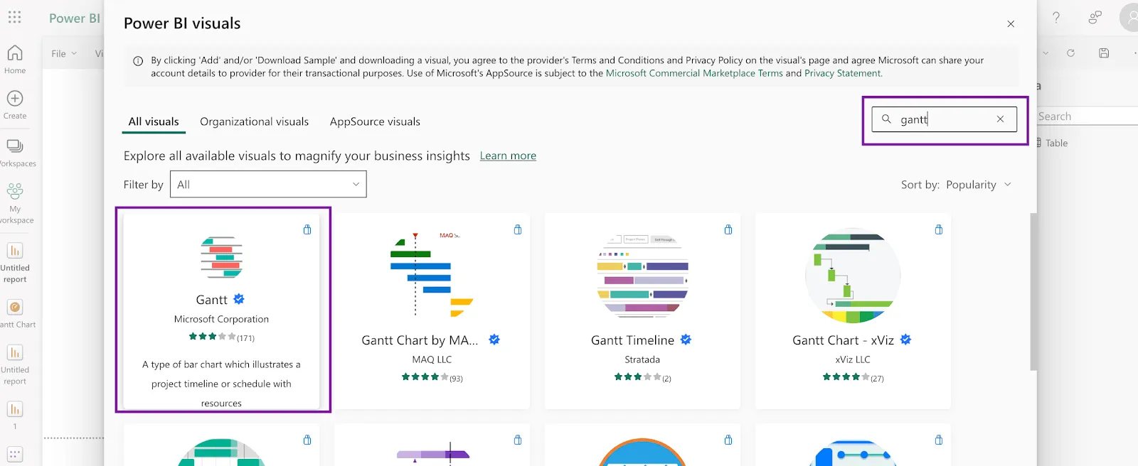 Opção de visualização Gantt da Microsoft na Pesquisa Visual