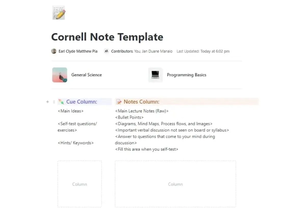 Modèle de notes Cornell de ClickUp