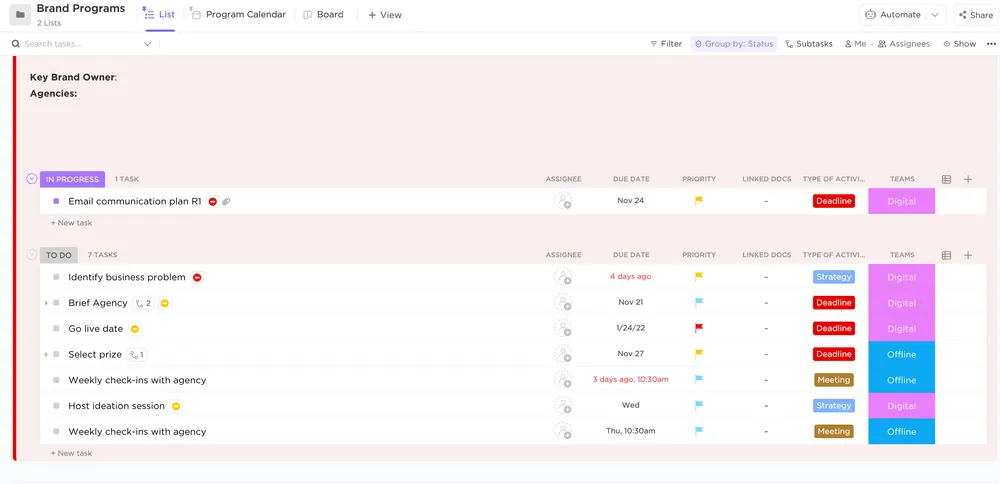 Gestion de marque dans la vue Liste de ClickUp