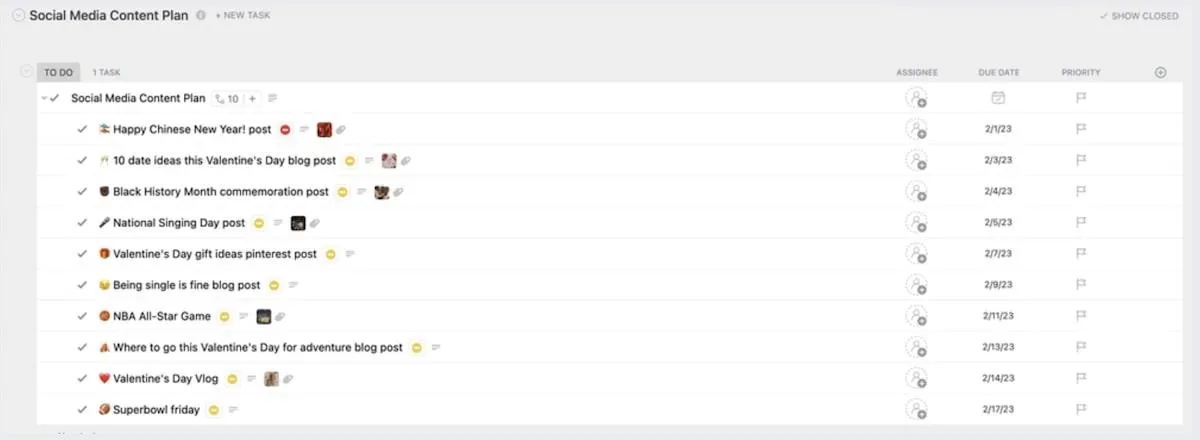 Tieni traccia dei post sui social media con il modello di piano dei contenuti social media di ClickUp.