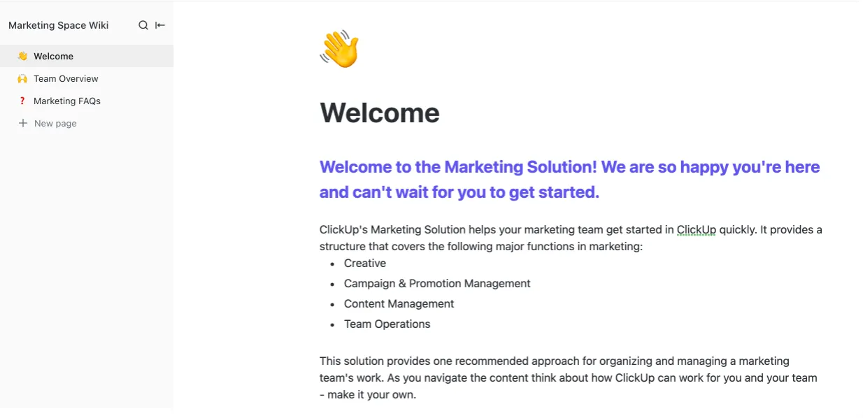 Erstellen eines Wiki-Dokuments „Marketing Space” in ClickUp