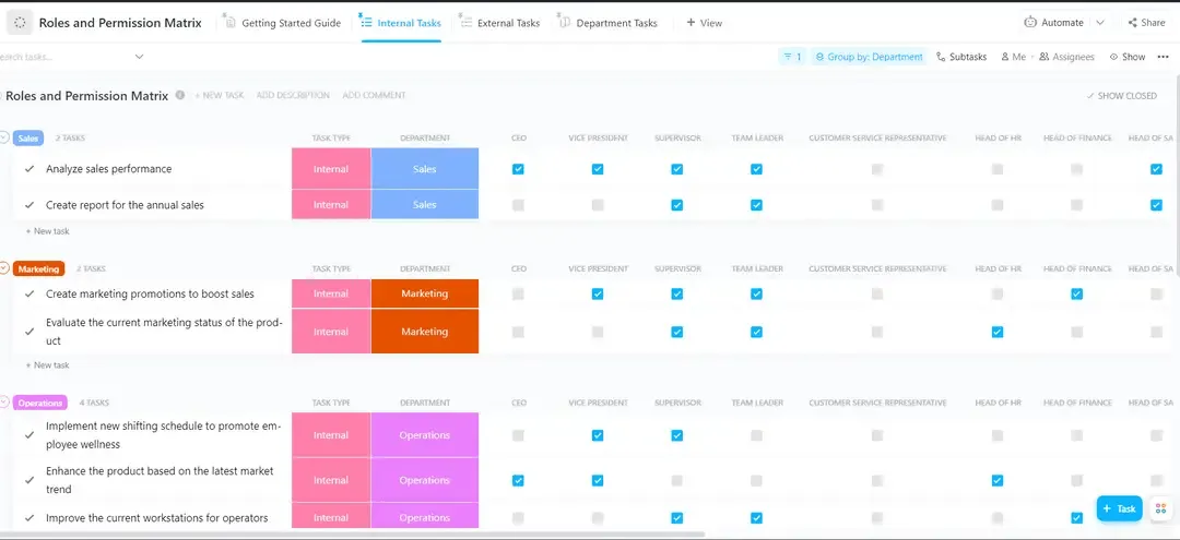 Asegúrate de que todos los miembros de tu equipo tengan el nivel de acceso adecuado para realizar su trabajo con la plantilla de roles y permisos de ClickUp.