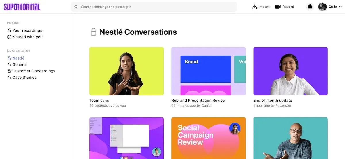เครื่องมือ AI สำหรับการประชุม: ภาพหน้าจอของการสนทนาของ Nestle บน Supernormal