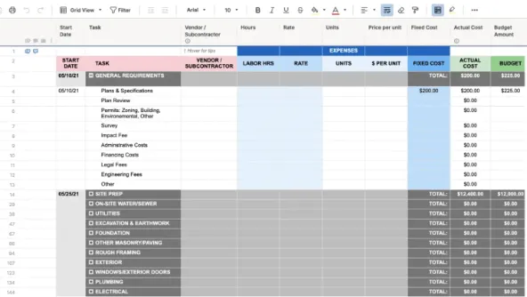 قالب ميزانية البناء من Smartsheet؛ قوالب البناء من smartsheet
