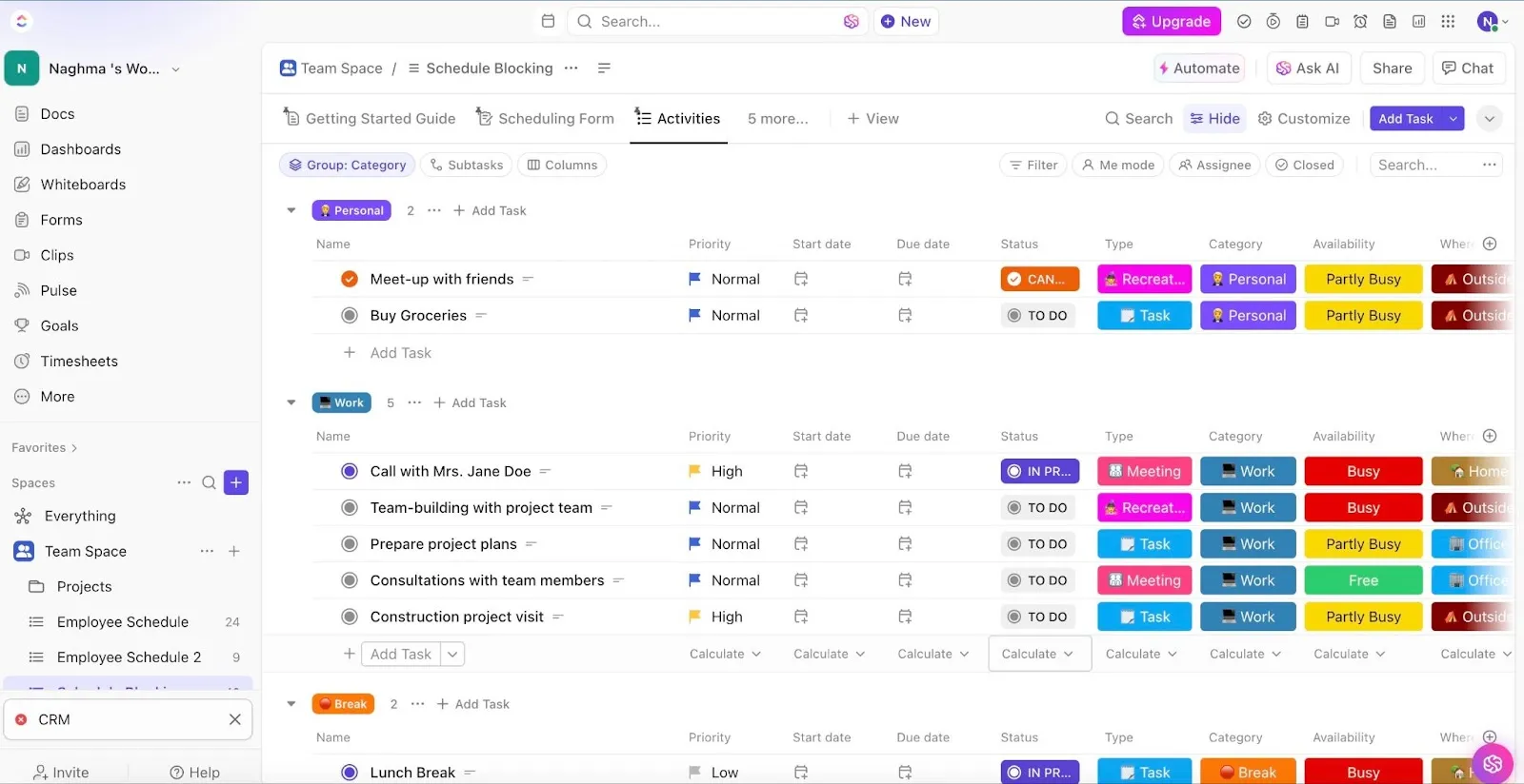 ClickUp 일정 블록 소프트웨어 템플릿