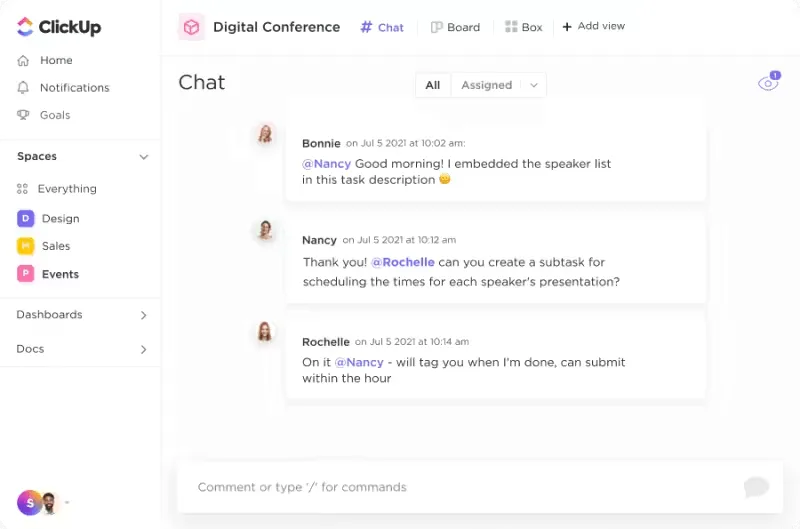 ClickUp Chat nézet