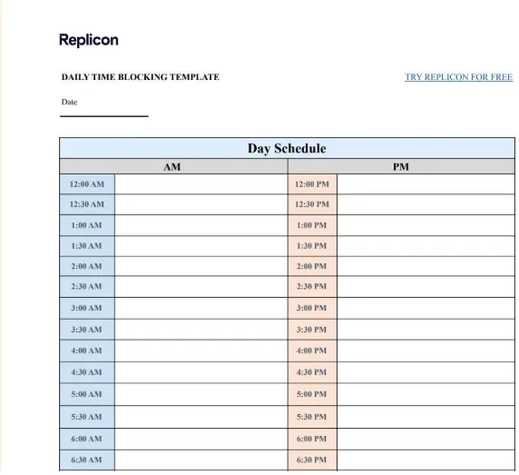 Šablona pro denní časové blokování od Replicon; šablona pro časové blokování Google Sheets