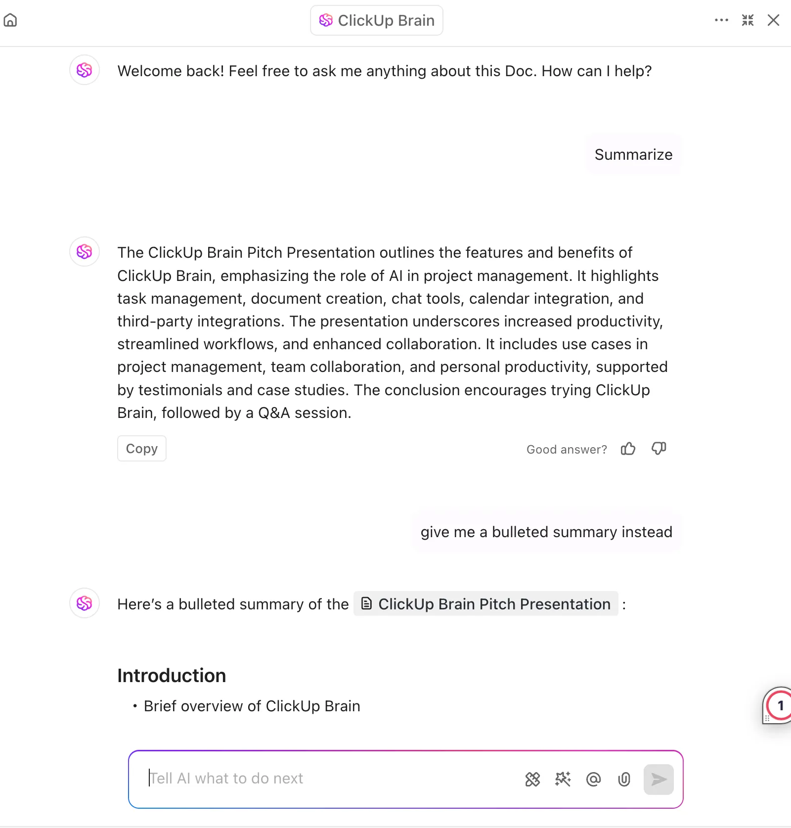 تلخيص المستندات باستخدام ClickUp Brain