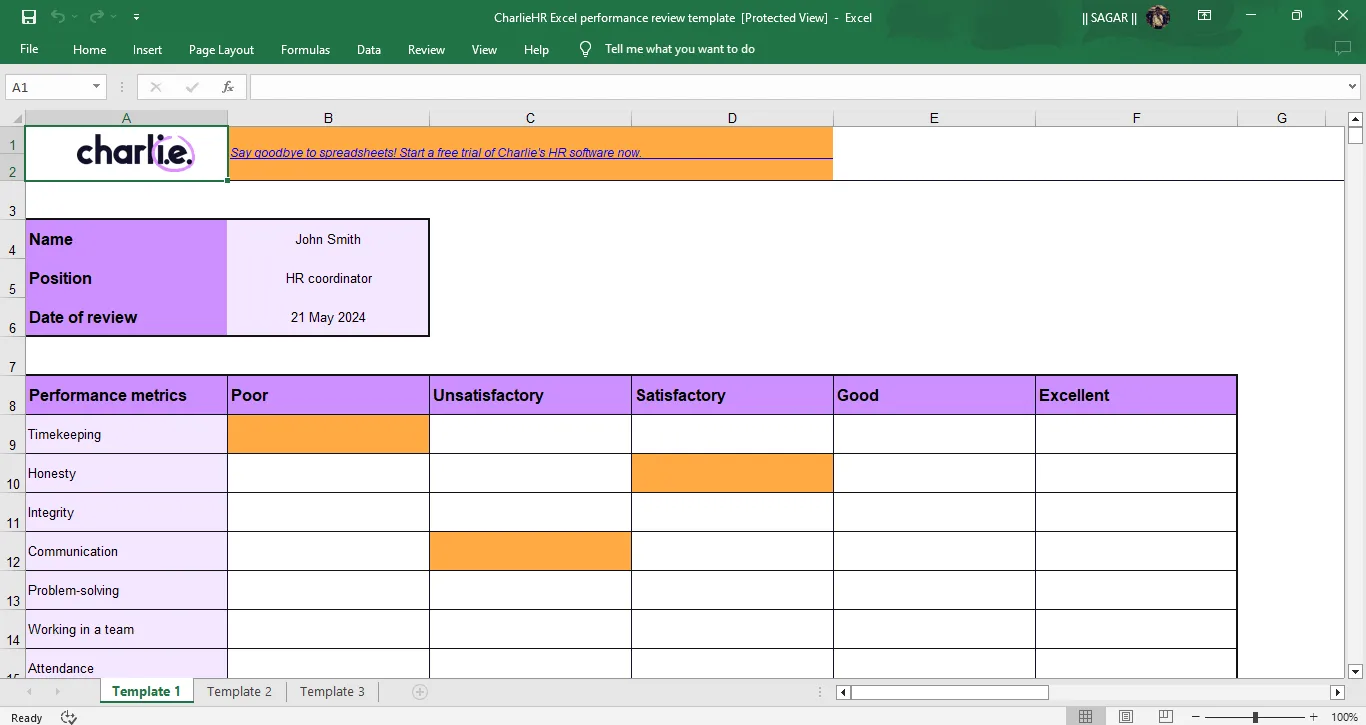 Modèle Excel d'évaluation des performances par Charlie HR