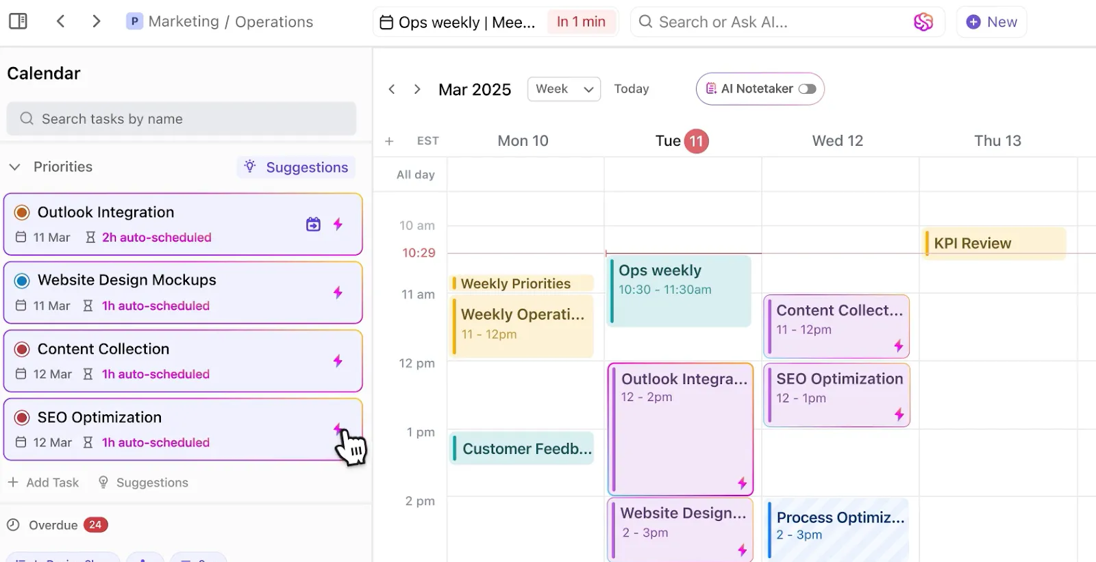 Visualizzazione calendario di ClickUp: modello di programma didattico