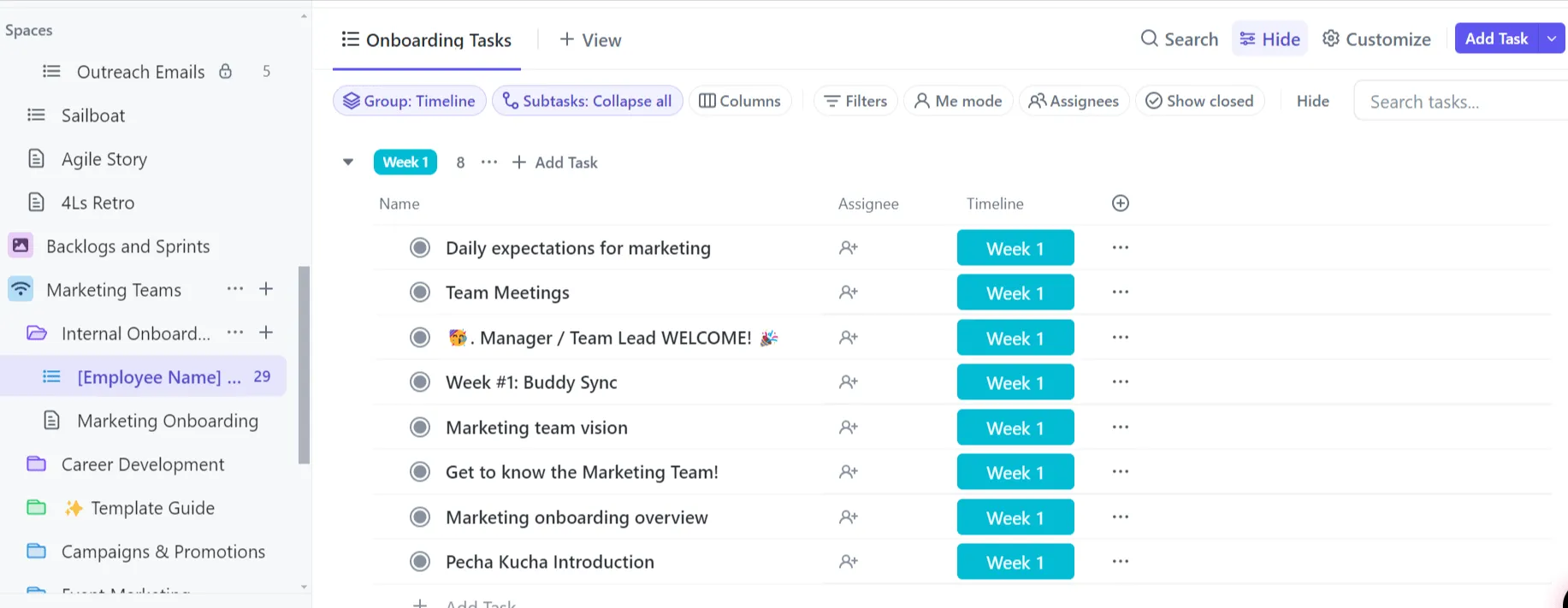 Le modèle « Équipes marketing » de ClickUp est conçu pour vous aider à rationaliser vos processus marketing.