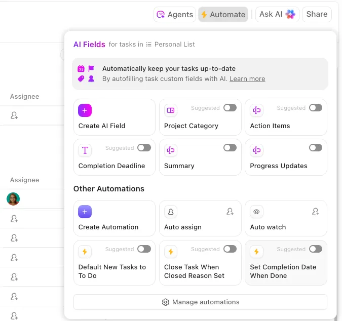 Configurez des agents de pilotage automatique IA dans ClickUp