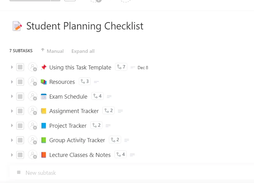 เทมเพลตรายการตรวจสอบการวางแผนสำหรับนักเรียน ClickUp: รูปแบบรายการตรวจสอบสำหรับการวางแผนเพื่อกรอกข้อมูล ติดตามงาน และตรวจสอบกิจกรรมของนักเรียน