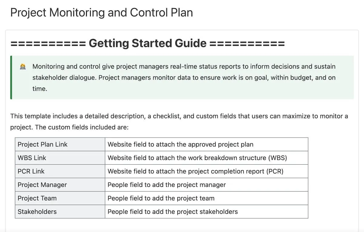 Plantilla de ClickUp para el plan de supervisión y control de proyectos
