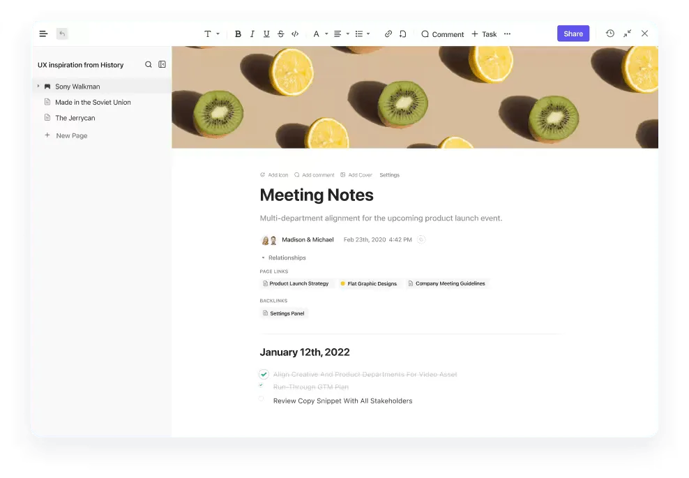 Ein Ausschnitt aus dem ClickUp-Dokumentationsfenster, der Ihnen bei der Anwendung der Robert's Rules of Order für Meetings hilft.