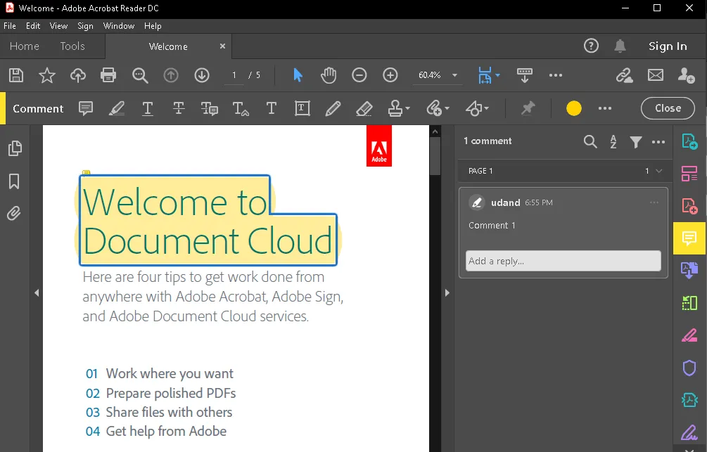 Colonne de commentaires dans Adobe Acrobat