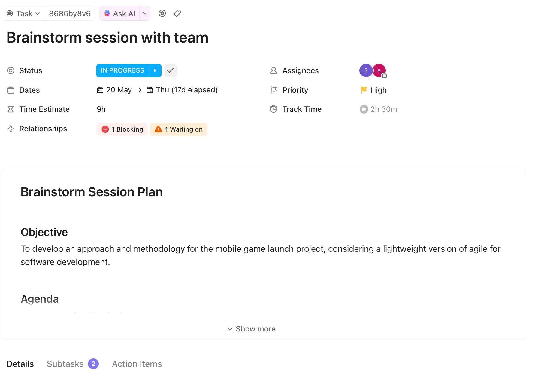 Tâches ClickUp : Organisez des sessions en vous appuyant sur des techniques de brainstorming et l'énergie créative