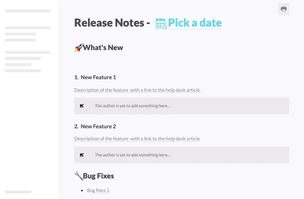 La plantilla de notas de lanzamiento de productos de kipwise incluye marcadores de posición para crear una lista de las nuevas funciones y actualizaciones de la aplicación.