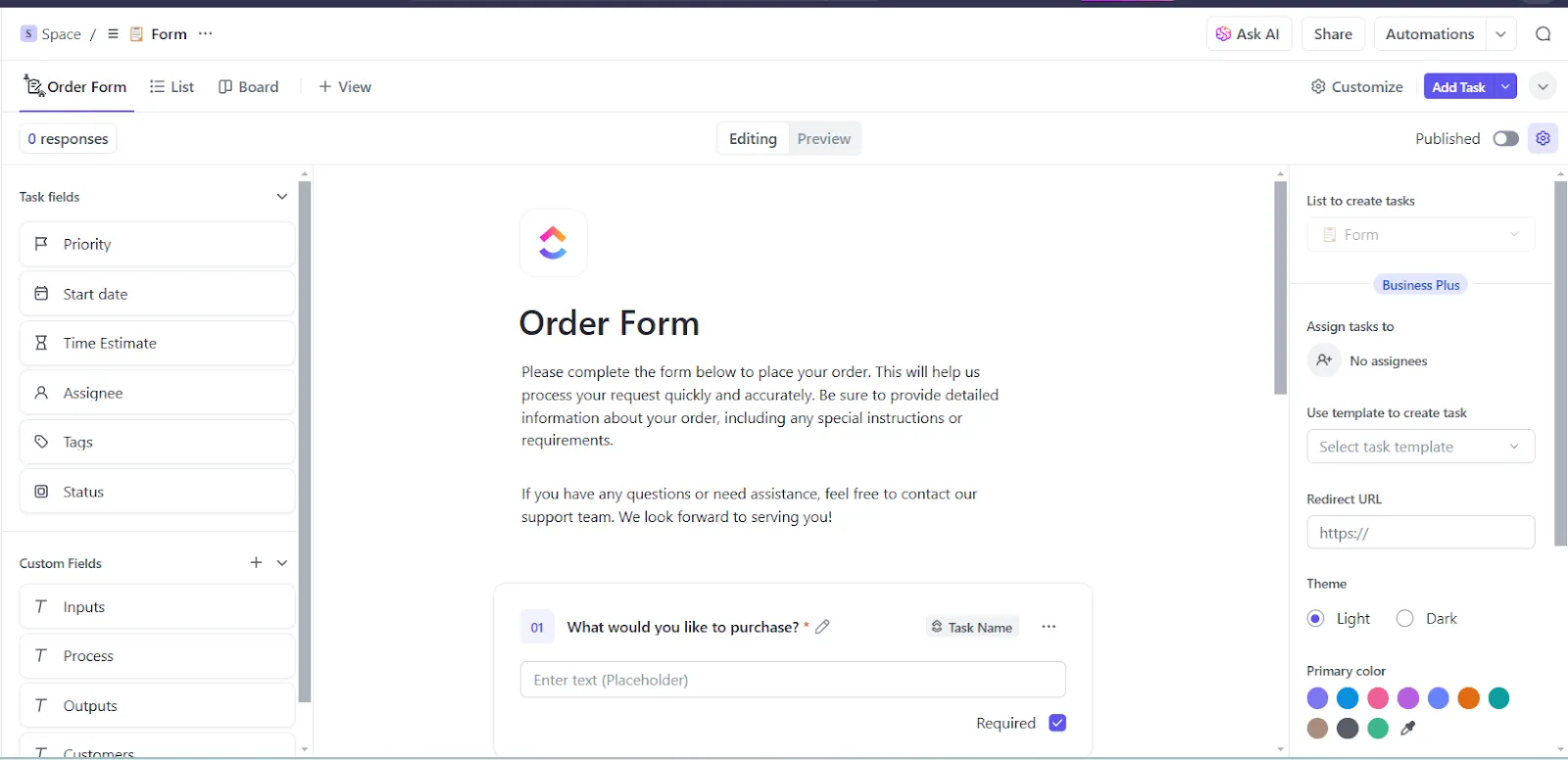 Configure seu espaço de trabalho usando os formulários do ClickUp: formato de ordem de serviço
