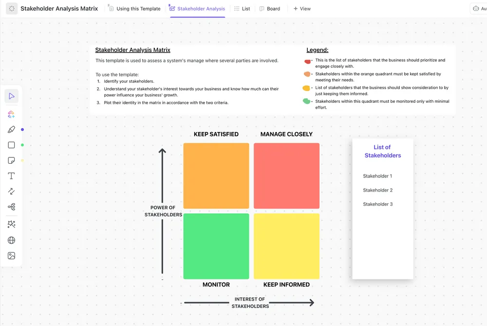 ClickUp-Vorlage für eine Stakeholder-Analyse-Matrix