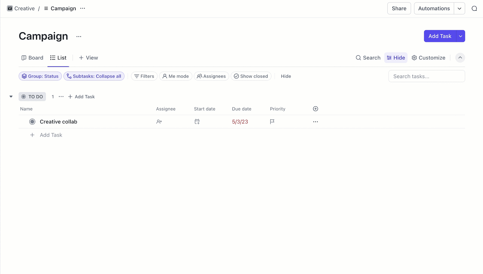 Créez une tâche sur ClickUp pour organiser vos citations de statut WhatsApp