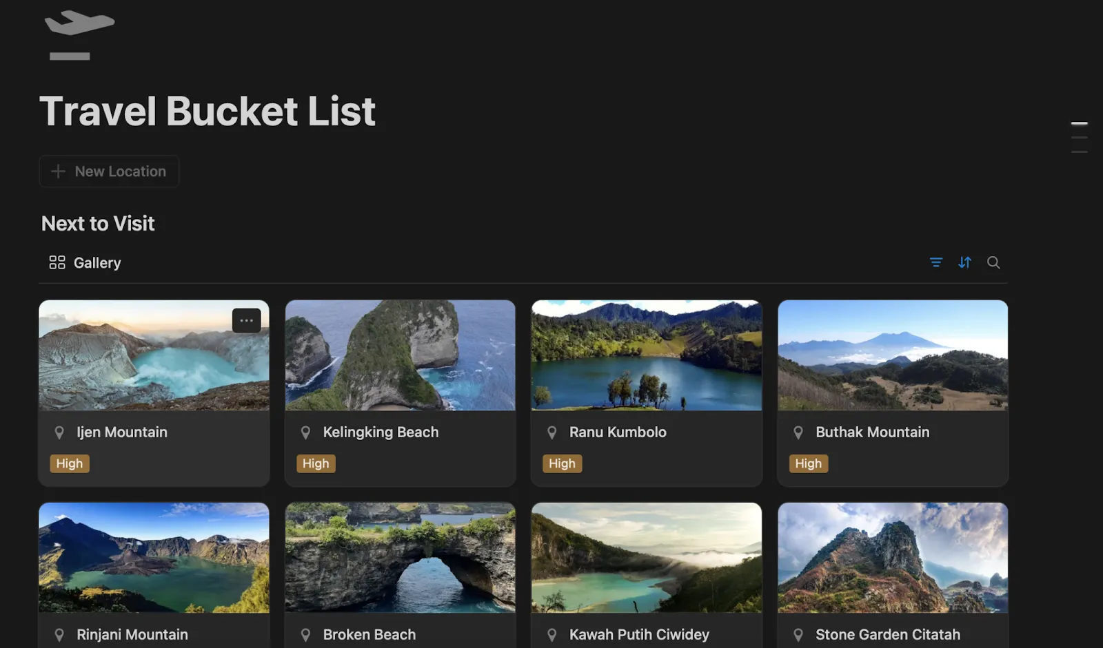 Bucket listesi için Notion seyahat şablonu