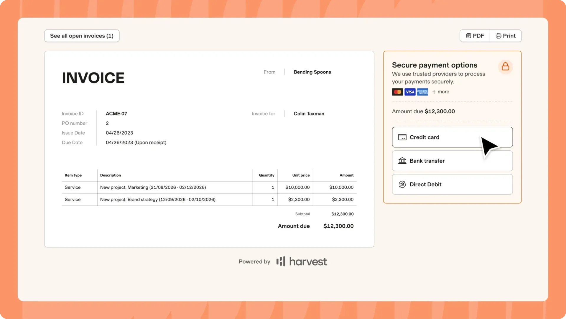Harvest-instrumentpanelen visar fakturerbara timmar, projektkostnader och kundfakturor