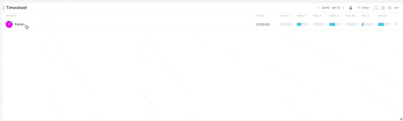 Expanda para ver entradas de tempo mais detalhadas nas planilhas de tempo do ClickUp.