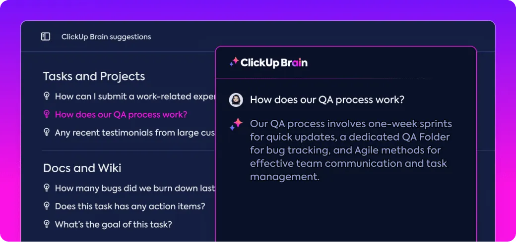 Chiedi a ClickUp Brain qualsiasi domanda relativa alla tua area di lavoro e ottieni una risposta immediata: come trovare i file sull'iPhone