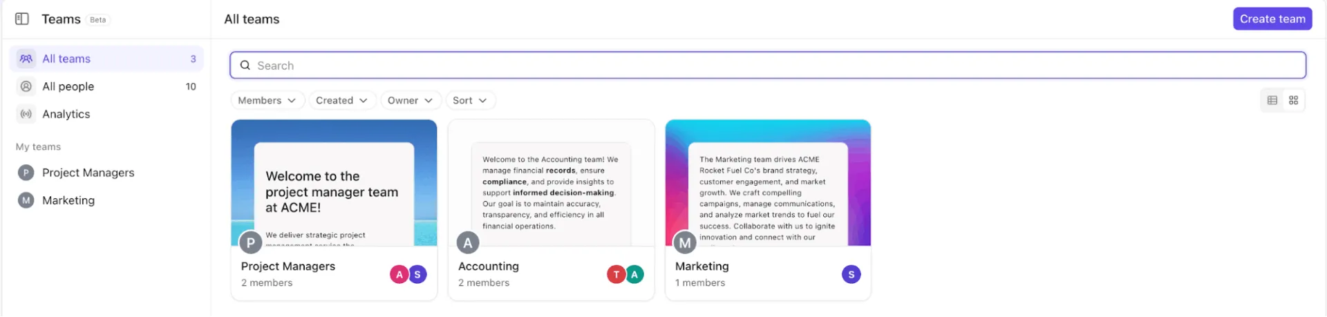Equipes ClickUp: membros agrupados usados para atribuir tarefas e colaborar com eficiência