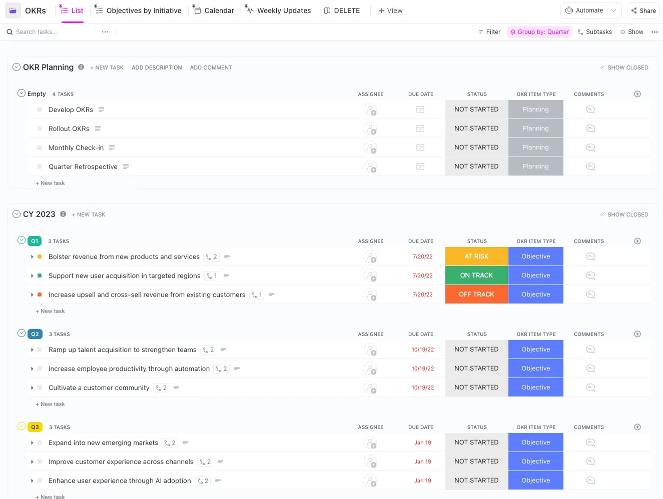 Le modèle OKR de ClickUp permet un suivi et un alignement précis des objectifs et des résultats clés, facilitant ainsi la définition d'objectifs organisés et la mesure de la progression.