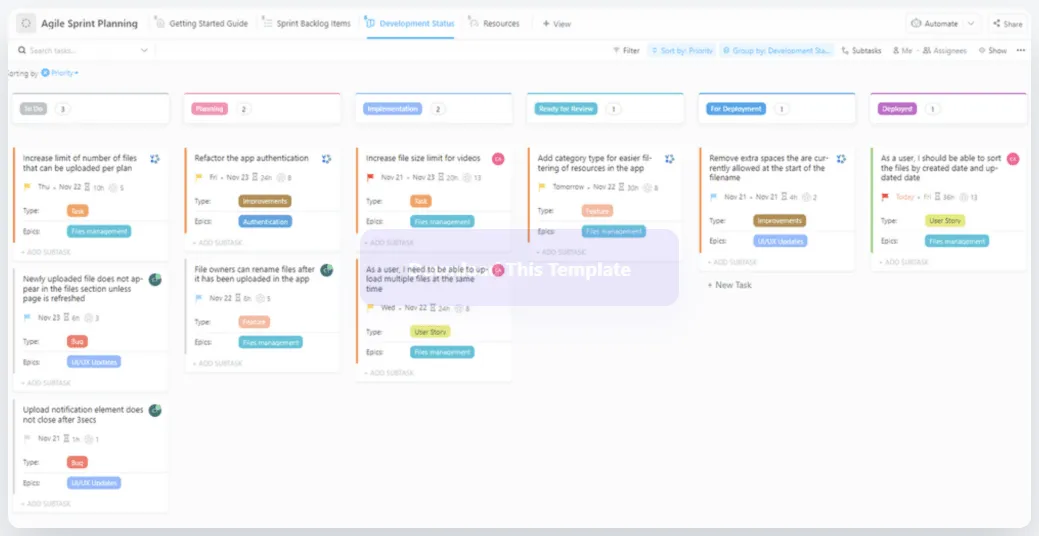 Planifiez, suivez les progrès et gérez les ressources pendant la planification du sprint à l'aide du modèle de gestion de projet agile de ClickUp.