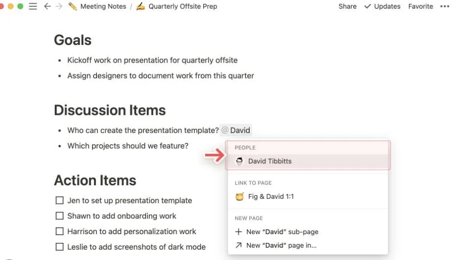 Strumenti di collaborazione cloud: taggare un membro del team in Notion