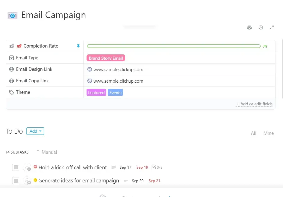 Créez et planifiez des campagnes d'e-mails de réussite grâce au modèle de campagne d'e-mails de ClickUp.