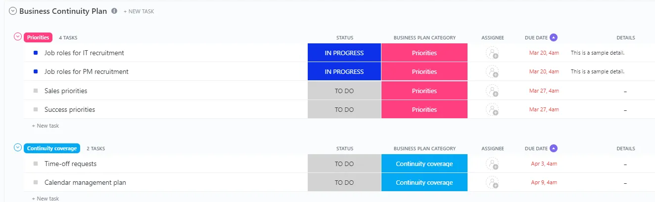 Modello di piano di continuità operativa ClickUp