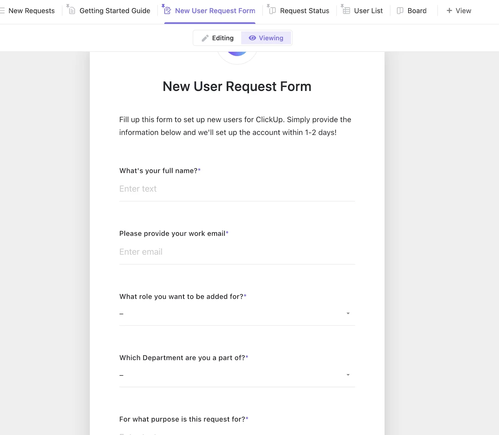 Modelo de formulário de solicitação do ClickUp para o recebimento estruturado de solicitações das partes interessadas e envios de alterações