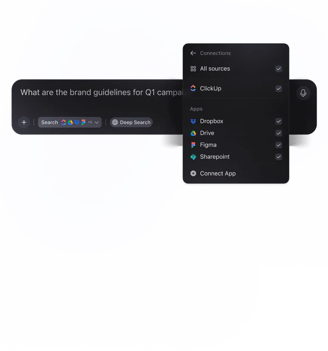 ClickUp Enterprise Search: Tìm các bài báo mà bạn quan tâm từ các ứng dụng kết nối của bạn.