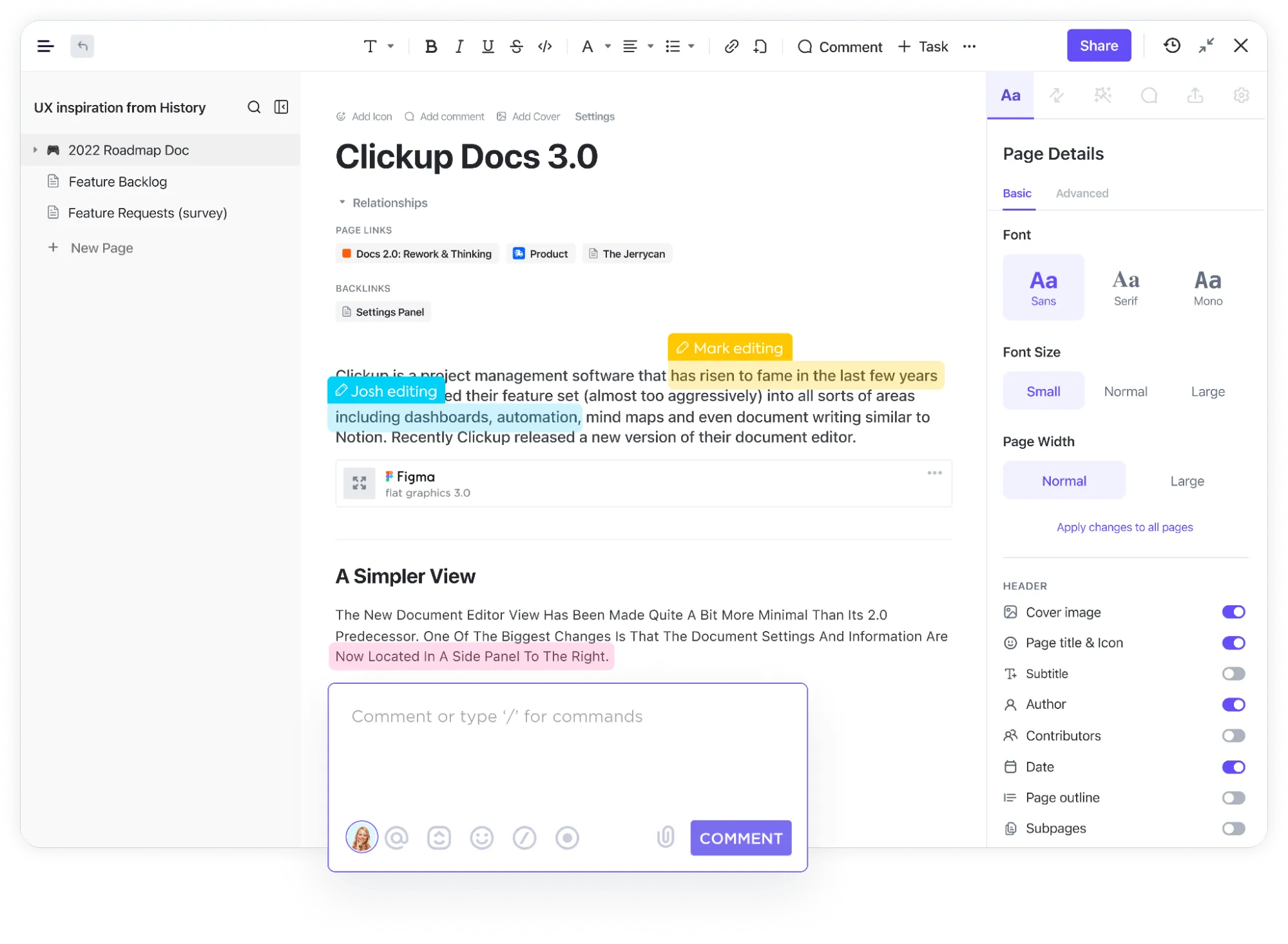 Collaboration et modification en cours simultanées en équipe dans ClickUp Documents