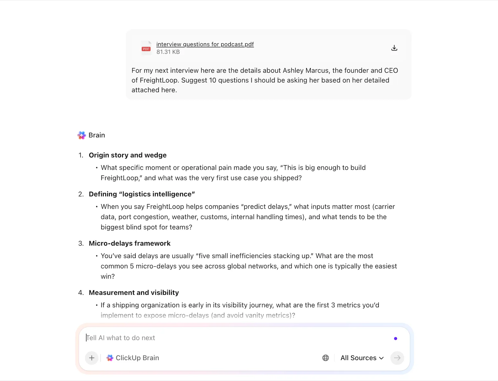 Wykorzystaj ClickUp Brain jako partnera do burzy mózgów dotyczącej podcastów