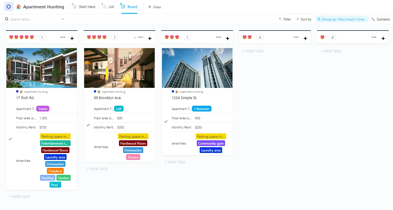 Ottieni viste personalizzate per confronti di proprietà, visualizzazione di programmi e criteri decisionali con il modello ClickUp Apartment Hunting.